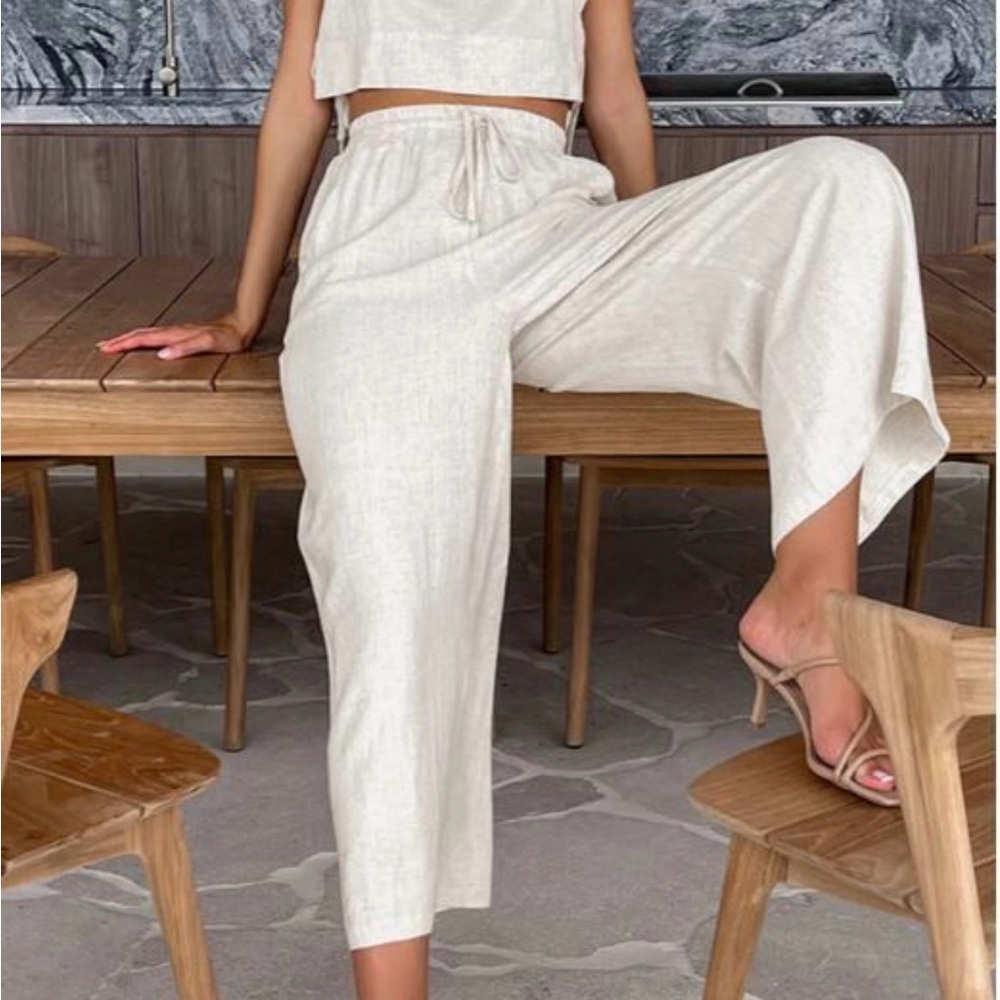 Commense Cream Linen Wide-Leg Jumpsuit
